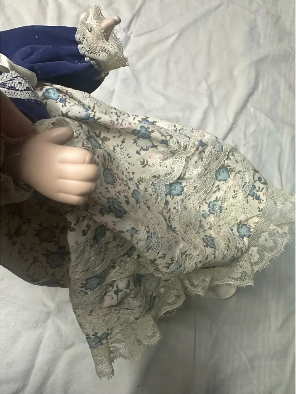 Vintage Porcelain Doll in Blue Velvet and Floral Dress with Lace Trim